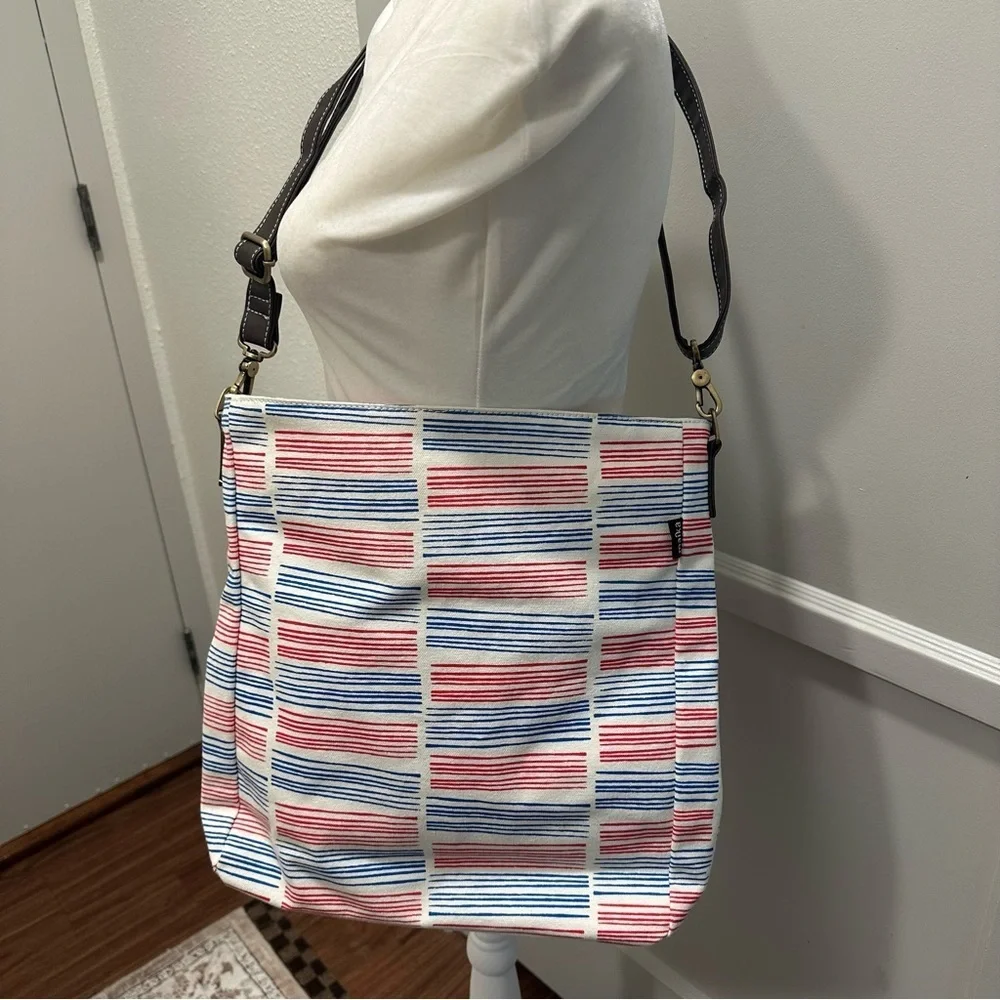 Maika Crossbody Upcycled Canvas Tote Bag with Red, Blue, and White Stripes